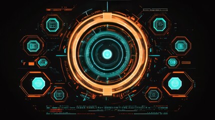 Fototapeta premium An advanced heads-up display with a bold neon-orange and aqua color scheme, centered around a complex circular formation. Concentric rings, hexagonal grids, and angular lines radiate from the core.