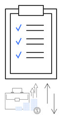 Checklist with blue checkmarks on a clipboard, briefcase, bars and coin symbolizing business metrics. Ideal for productivity, planning, financial management, goal setting, business strategy, task