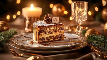 Fototapeta premium Richly textured fruitcake with nuts and spices, soft ambient lighting, surrounded by New Year's table settings, cozy holiday feel