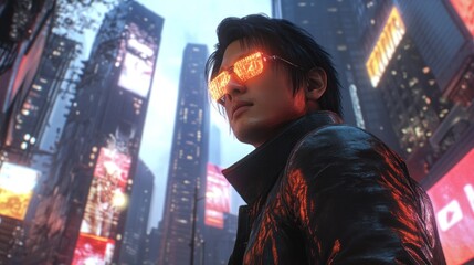 Obraz premium Cyberpunk Cityscape: A lone figure in futuristic urban landscape