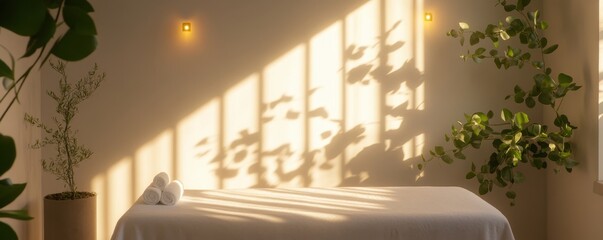 Serene spa room with a massage table, offering a refreshing and energizing escape for relaxation and rejuvenation.