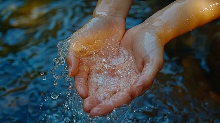 Hands Cupping Fresh Flowing Water From a Stream
