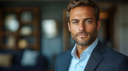 Naklejka premium Stylish business portrait of a man in a suit, standing with confidence against a studio background.