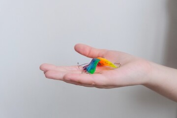 A dental plate for children of rainbow color. The child holds orthodontic braces in his hands to align the teeth and expand the jaw.
