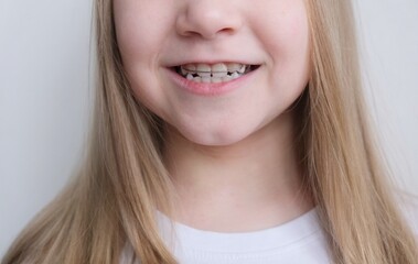 A dental plate for children of rainbow color. The child holds orthodontic braces in his hands to align the teeth and expand the jaw.
