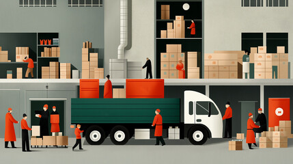 A bustling warehouse scene with workers and delivery trucks illustrates the logistics process, focusing on teamwork and efficient cargo management