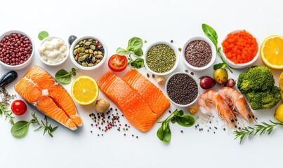 Fresh and Colorful Assortment of Healthy Ingredients Featuring Salmon, Seafood, Vegetables, Nuts, Seeds, and Vibrant Fruits for a Nutrient-Rich Meal Preparation