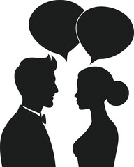 Silhouette of a Couple in Conversation with Speech Bubbles Vector Illustration