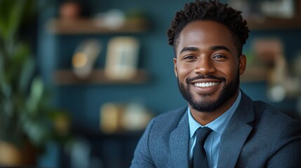 Obraz premium Smiling young professional in a suit, using a laptop, isolated against a light blue background.