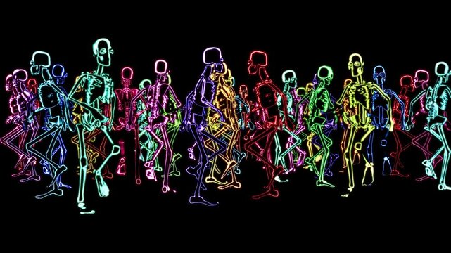 Vibrant neon skeletons dance to rhythm in a stunning visual experience
