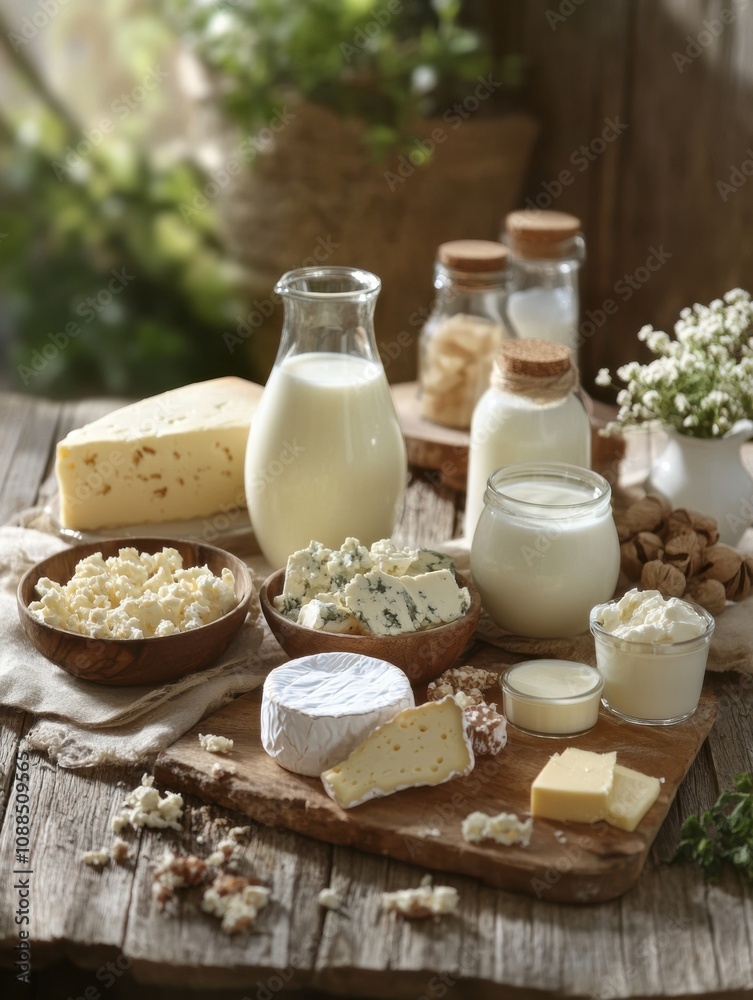Poster a rustic wooden table displays a selection of dairy products like milk, assorted cheeses, and butter