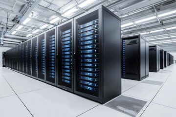Modern data center with rows of servers and advanced cooling systems.