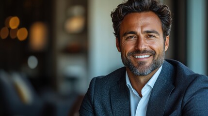 Obraz premium Confident businessman in a suit, seated and smiling against a light blue background.