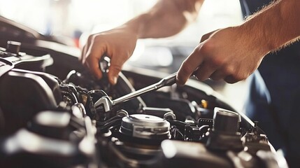 Mechanic repairing a car engine using a wrench