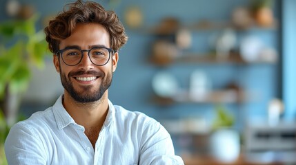 Fototapeta premium Portrait of a young businessman holding a tablet, smiling and standing against a blue background.