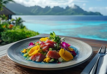 Fresh and Colorful Seafood Salad with Flowers Surrounded by Lush Tropical Landscape and Scenic Seaside View in a Paradise Destination