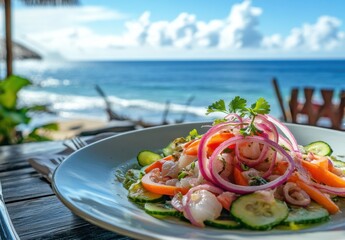 Fototapeta premium Fresh and Colorful Seafood Salad with Vegetables Served Against a Scenic Ocean View on a Bright Sunny Day in a Tropical Destination