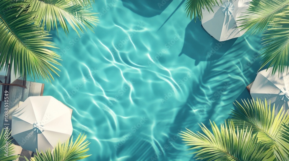 Poster A pool with palm trees and umbrellas in the background