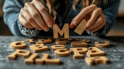 Woman arranges wooden letter blocks spelling MM