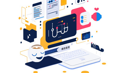 Naklejka premium Modern AI Content Creation Concept with Technology Elements in Minimalist Vector Art