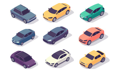 Isometric Vector Illustration of Minimalistic Car Set for Transport Designs
