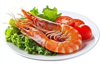 Fresh and Juicy Shrimp Served on a Plate with Crisp Lettuce and Ripe Tomato Slices, Perfect for Seafood Lovers and Gourmet Dishes at Restaurants and Homes