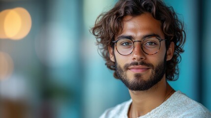 Obraz premium Portrait of a young professional with a laptop, looking confident, isolated against a light blue background.
