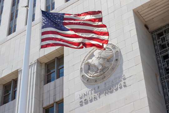 Los Angeles, CA, USA - May 12, 2022: Closeup of the seal of the United States Court House seen at the courthouse located at 312 Spring Street in downtown Los Angeles, California.