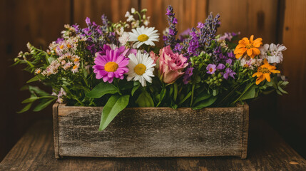 A wooden box filled with a variety of flowers including daisies, roses
