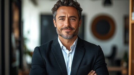 Fototapeta premium Portrait of a confident businessman in a black suit, smiling against a white background.