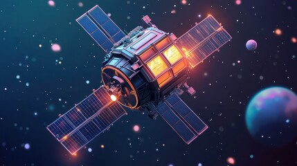 3D space communication satellite model with detailed components.