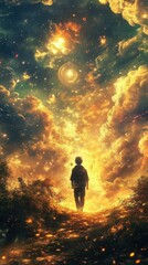 Fototapeta premium A person stands amidst vibrant clouds and stars, symbolizing exploration and wonder in a stunning cosmic landscape.