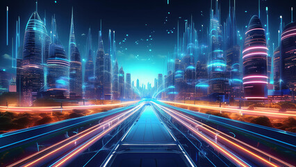 Obraz premium A futuristic city powered by AI, with glowing skyscrapers, autonomous vehicles, and smart systems