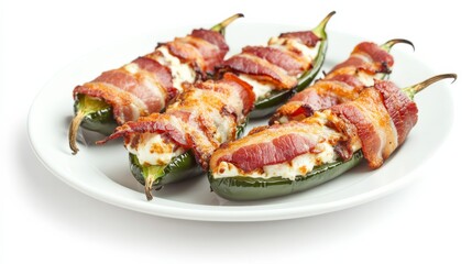 A plate of spicy jalapeño poppers stuffed with cream cheese and wrapped in bacon, Each popper crispy on the outside and creamy on the inside