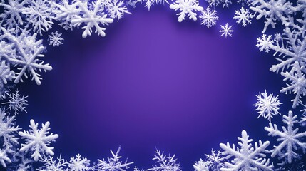 Snowflakes frame a vibrant purple background. A winter wonderland atmospheric New Year card with empty space