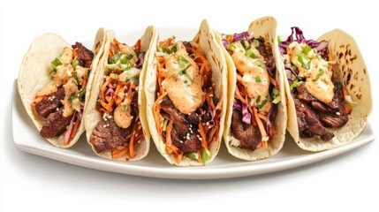 A plate of spicy Korean BBQ beef tacos with marinated beef, kimchi slaw, and gochujang aioli