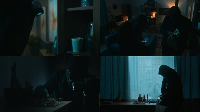 Split screen of two crime partners stealing golden candelabrum and jewellery from apartment while holding robbery