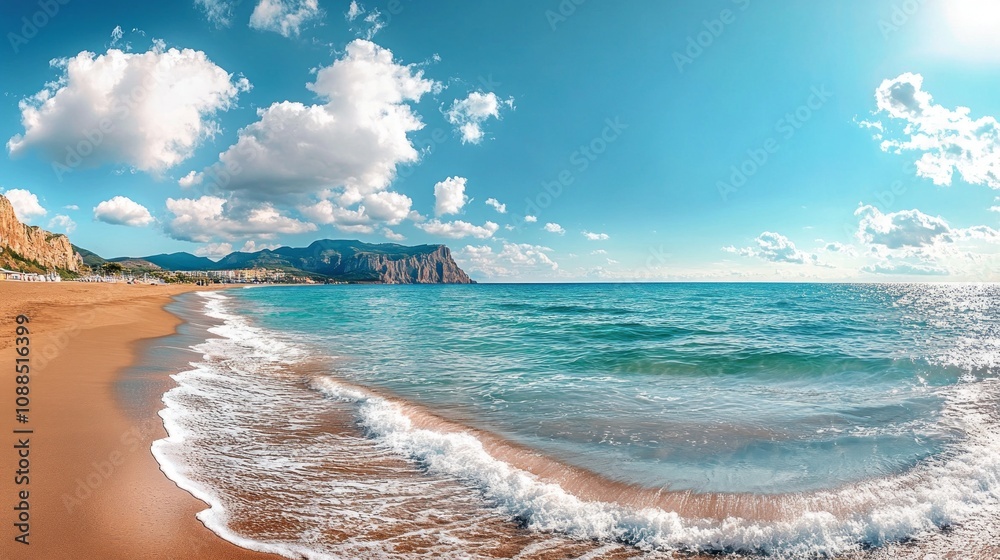 Poster a beautiful beach with a clear blue ocean and a few clouds in the sky