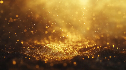 Golden particles shimmering in soft light against a dark background