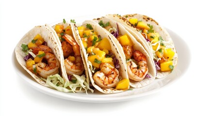 A plate of spicy shrimp tacos with grilled shrimp, mango salsa, shredded cabbage