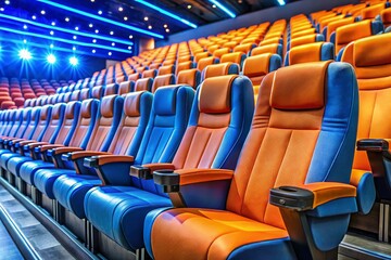 Fototapeta premium Close-up of Vibrant Blue and Orange Theater Seats Showcasing Modern Design and Comfort in a Stylish Cinema Environment for a Captivating Fashion Photography Collection