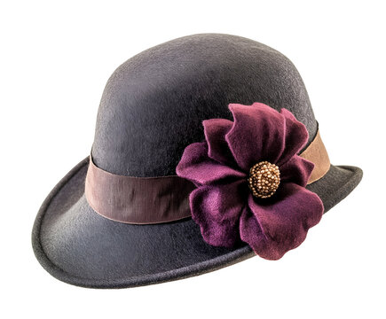 vintage 1920s cloche hat with silk flower embellishment and elegant ribbon design on isolated background
