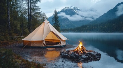 Cozy Canvas Tent by Serene Lake with Majestic Mountains in Background, Illuminated Campfire Creating Warmth During Misty Evening at Wilderness Retreat