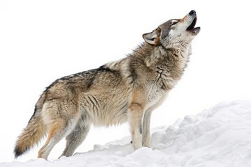 Wolf howling in snowy landscape wildlife nature outdoors close-up animal behavior