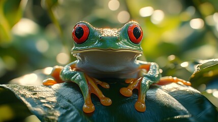 Fototapeta premium Red Eyed Tree Frog Perched On A Leaf In Sunlight