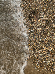 Waves gently washing over a shell strewn beach shore