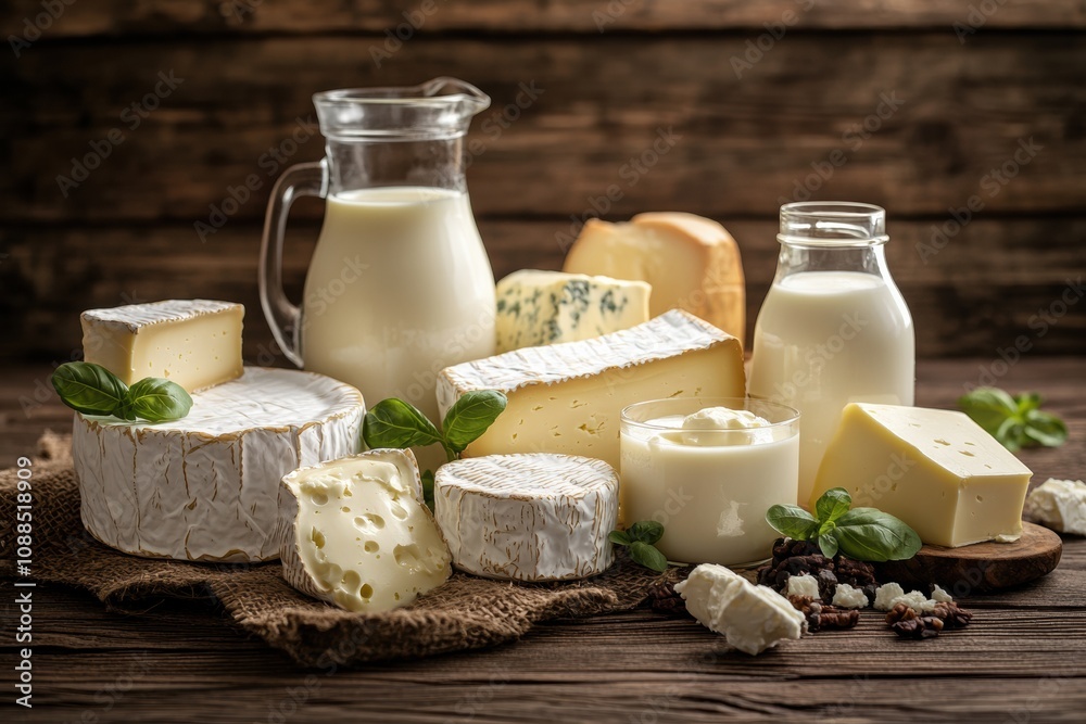 Poster A rustic wooden table features various dairy items like milk, multiple cheese types, and butter, creating a warm and inviting atmosphere. Generative AI