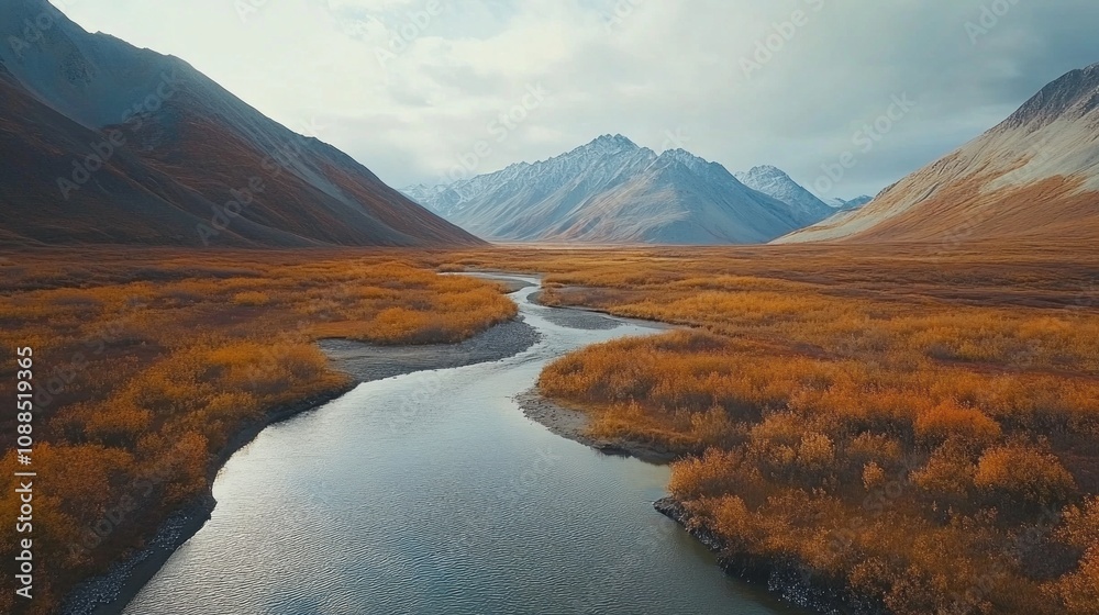 Poster a river flows through a grassy plain with mountains in the background
