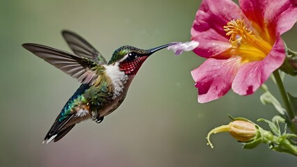 Fototapeta premium Vibrant Hummingbird Feeding on a Bright Pink Flower