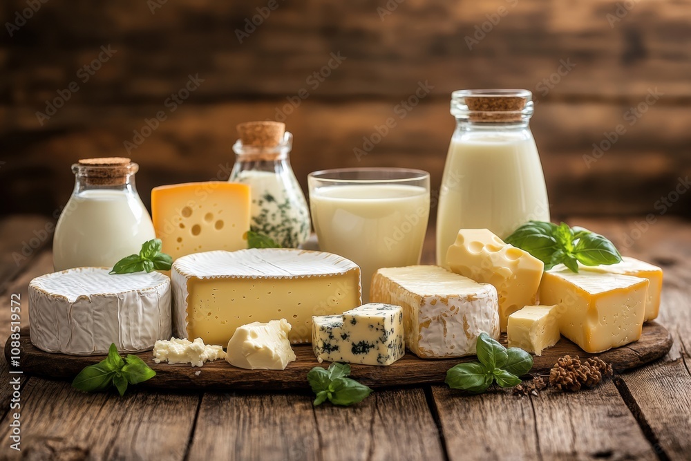 Poster a rustic wooden table is beautifully adorned with a selection of creamy dairy products, inviting all